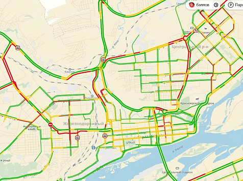 Утром вторника Красноярск сковали 9-балльные пробки. Скрин: yandex.ru