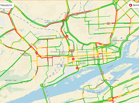 Утренний снег с дождем поставил Красноярск в километровые пробки. Скрин: Яндекс. Пробки 