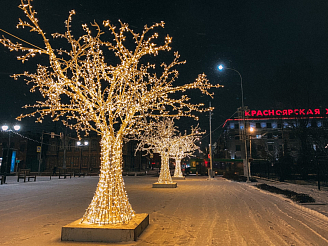 Улицы Красноярска украсили световые деревья 