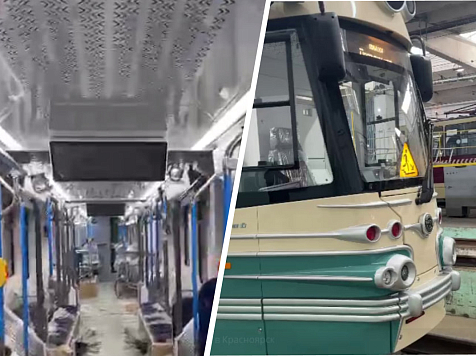 В Красноярск привезли ретро-трамвай «Достоевский». Изображения, видео: Мэрия Красноярска / Telegram