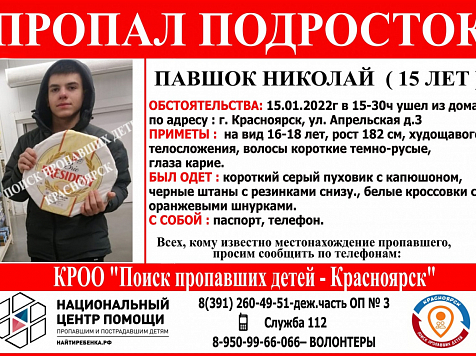 В Красноярске разыскивают 15-летнего подростка. Фото: vk.com/poiskdeteikrasnoyarsk