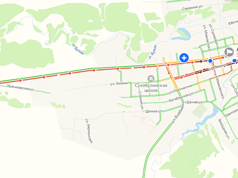 На трассе в Сухобузимском районе образовалась огромная пробка . Фото: «Яндекс Карты» 