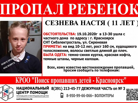 Пропавшую 11-летнюю школьницу разыскивают в Красноярске. Фото: vk.com/poiskdeteikrasnoyarsk