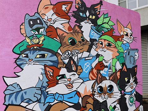 Картина с кошками «9 жизней» украсила бетонную стену в Красноярске. Фото: мэрия