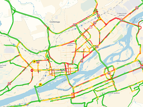 Гололед и мелкие ДТП поставили Красноярск в 10-балльные пробки. Скрин: yandex.ru/maps