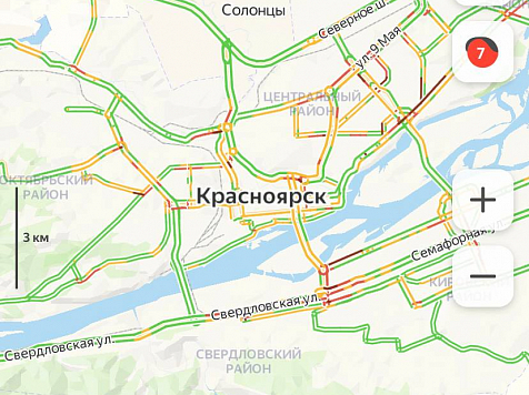 Сегодня утром Красноярск сковали 7-балльные пробки. Фото: Яндекс. Пробки 