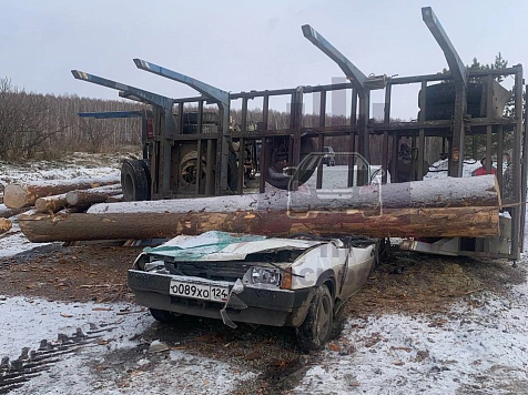 Упавшее с грузовика бревно раздавило легковушку в Уяре. Фото: ЧП Красноярск/ tg.me